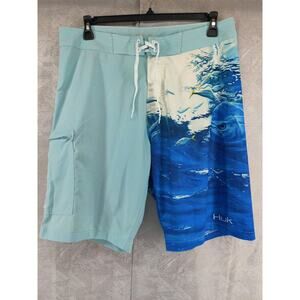 Huk Mahi Mahi Board Shorts Mens 36 Blue Fish Graphic Performance Fishing Swim